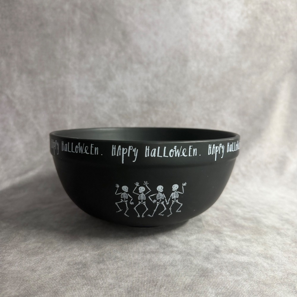 Rae Dunn Halloween Bowl Large Black Skeleton Happy Halloween Matte Ceramic